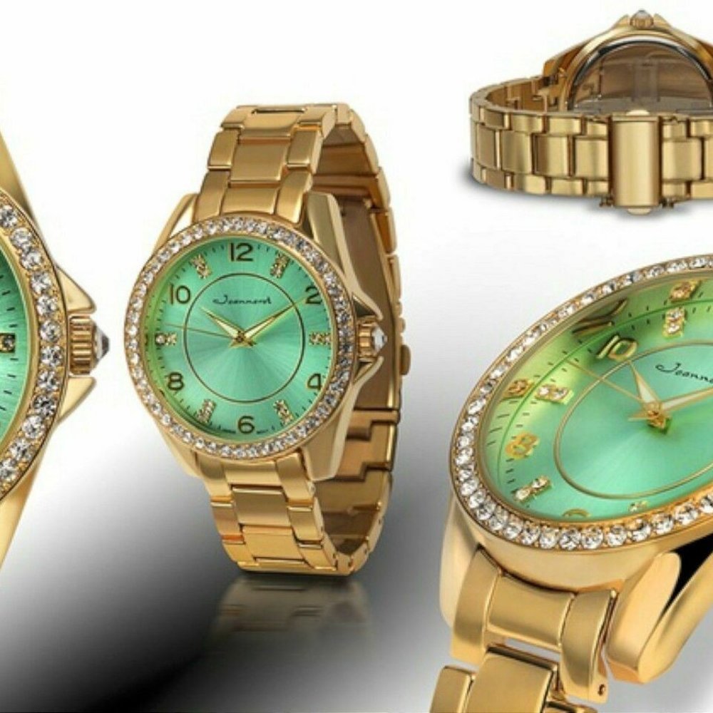 Jeanneret 2003 Women's Rosetta Swarovski Crystals Green Dial Gold Bracelet Watch